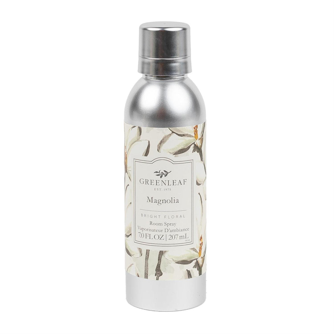 Magnolia Room Spray in silver 7 oz (207 mL) can with magnolia floral design; offers a bright, refreshing scent.