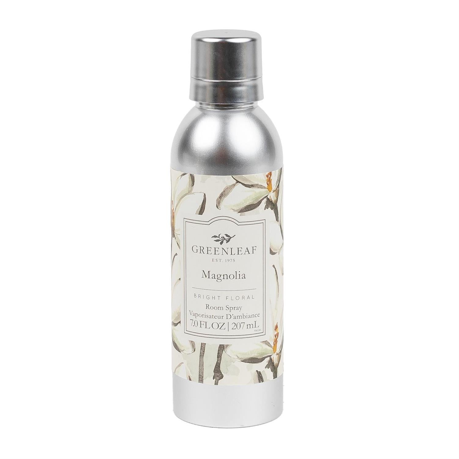 Magnolia Room Spray in silver 7 oz (207 mL) can with magnolia floral design; offers a bright, refreshing scent.