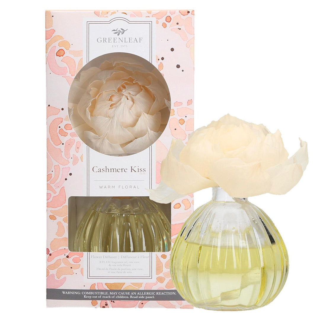 Cashmere Kiss Flower Diffuser: warm floral scent, cream artificial flower in round glass jar, 4oz and 8oz sizes, pink/white box.