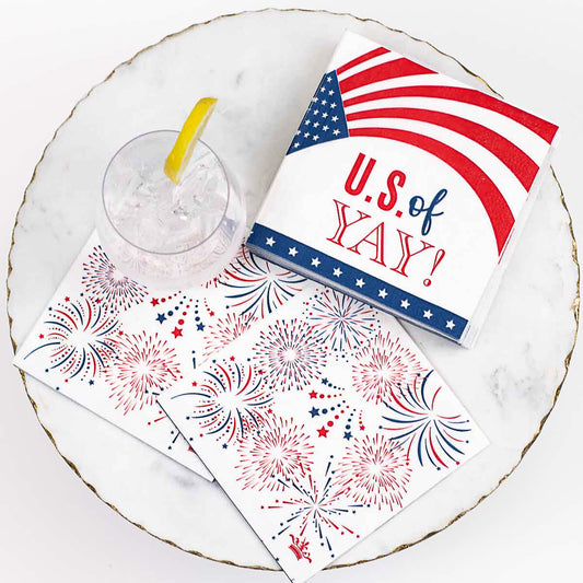 US of Yay Cocktail Napkins with fireworks and American flag design; available in 5x5 inch size.
