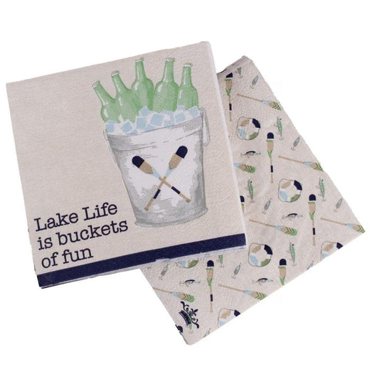 Buckets of Fun Cocktail Napkins: features 3-ply beige designs, one with a bucket and bottles saying "Lake Life is buckets of fun," and another with paddles, life preservers, and fish hooks. Available sizes: standard cocktail napkin size.