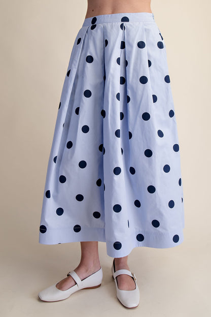 Blue Polka Dot Pleated Midi Skirt