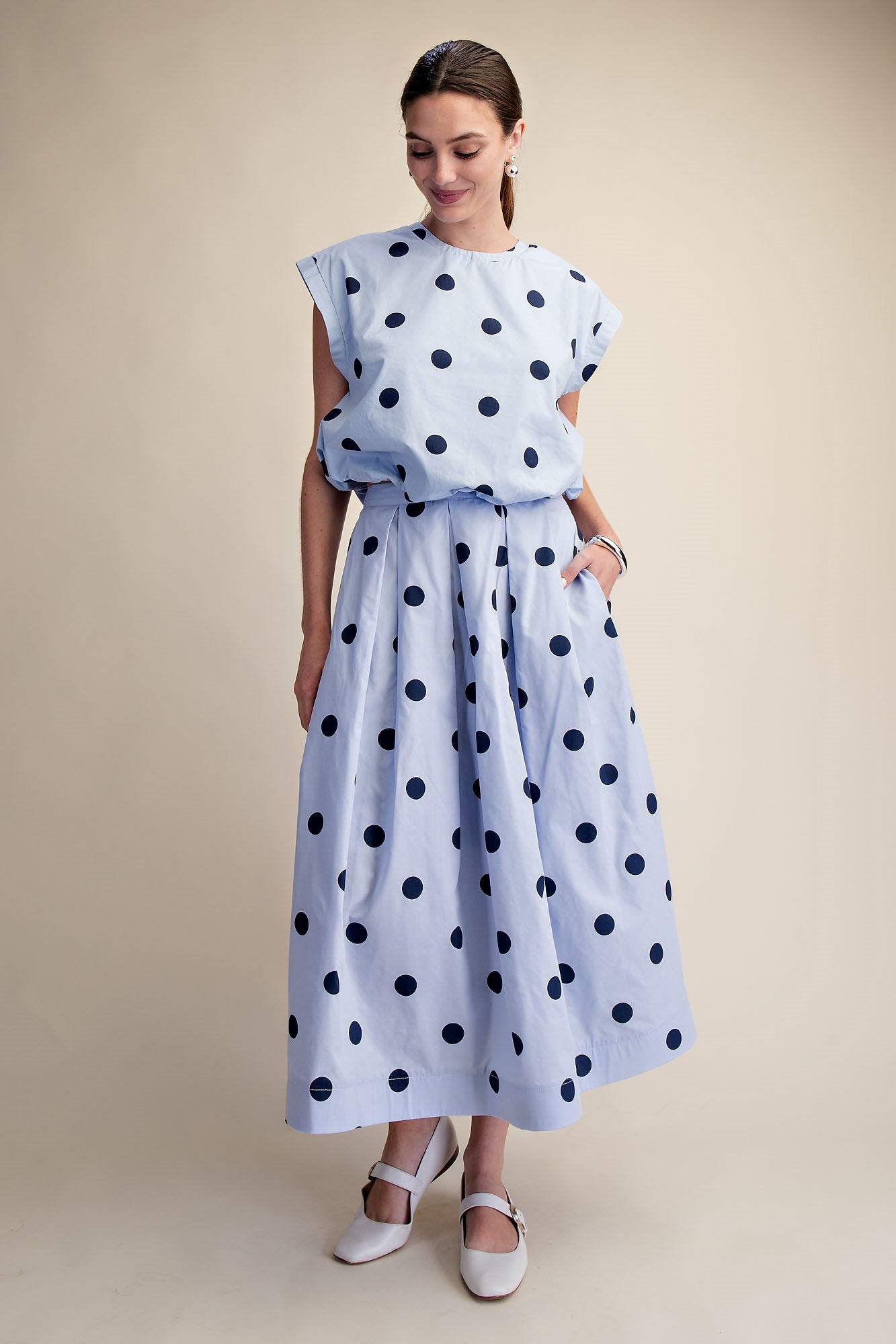 Blue Polka Dot Pleated Midi Skirt