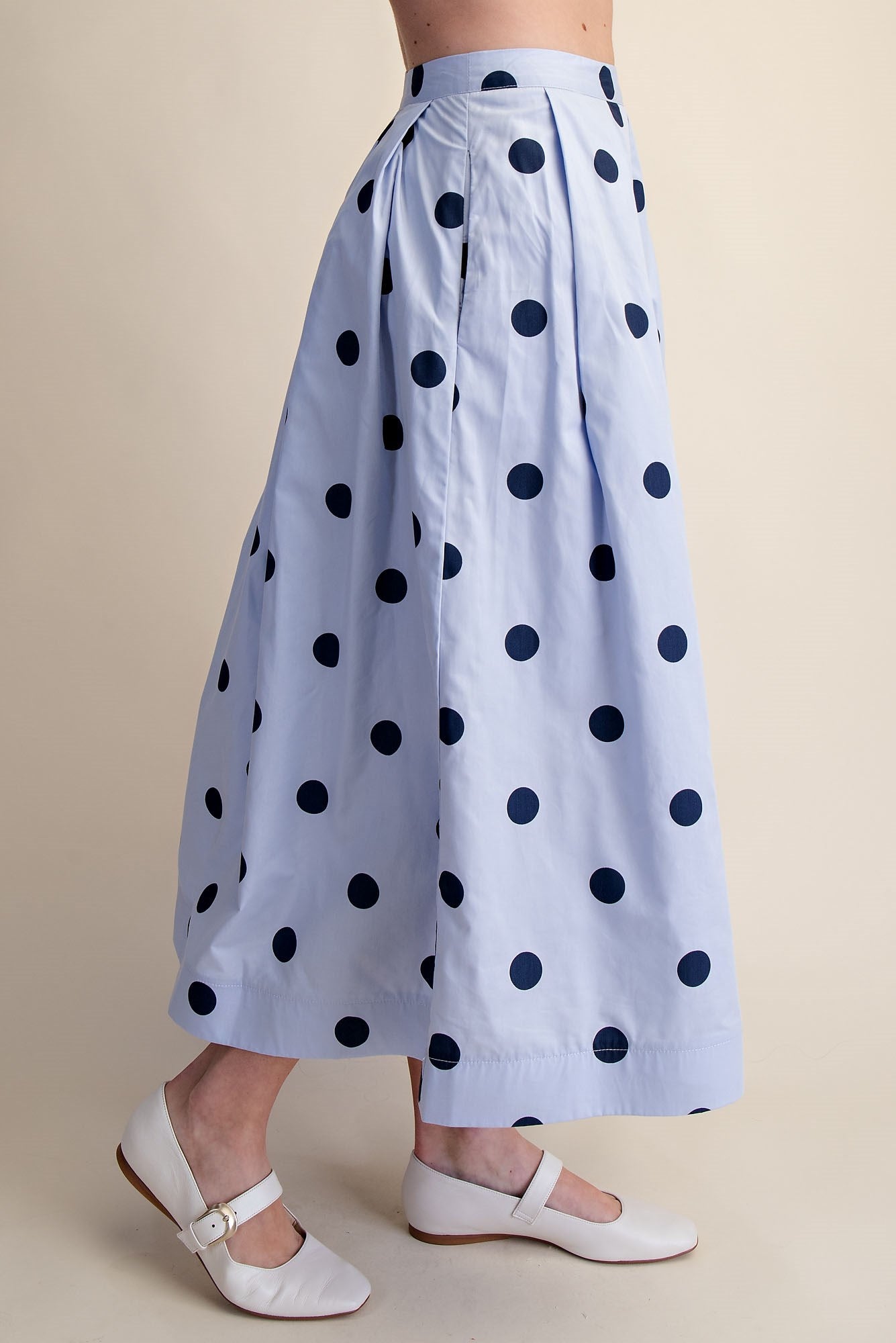 Blue Polka Dot Pleated Midi Skirt