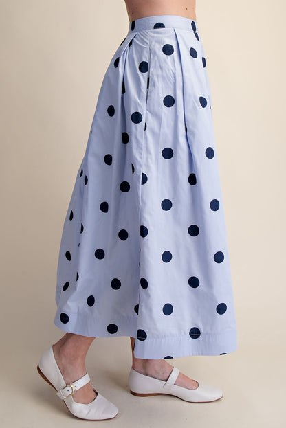 Blue Polka Dot Pleated Midi Skirt