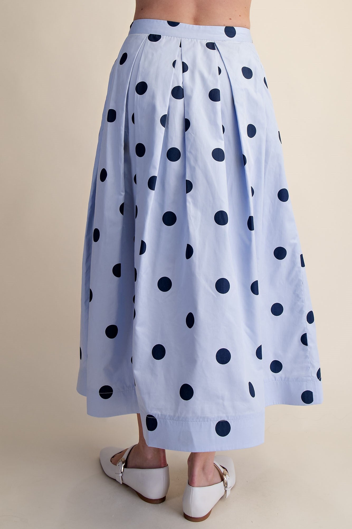 Blue Polka Dot Pleated Midi Skirt