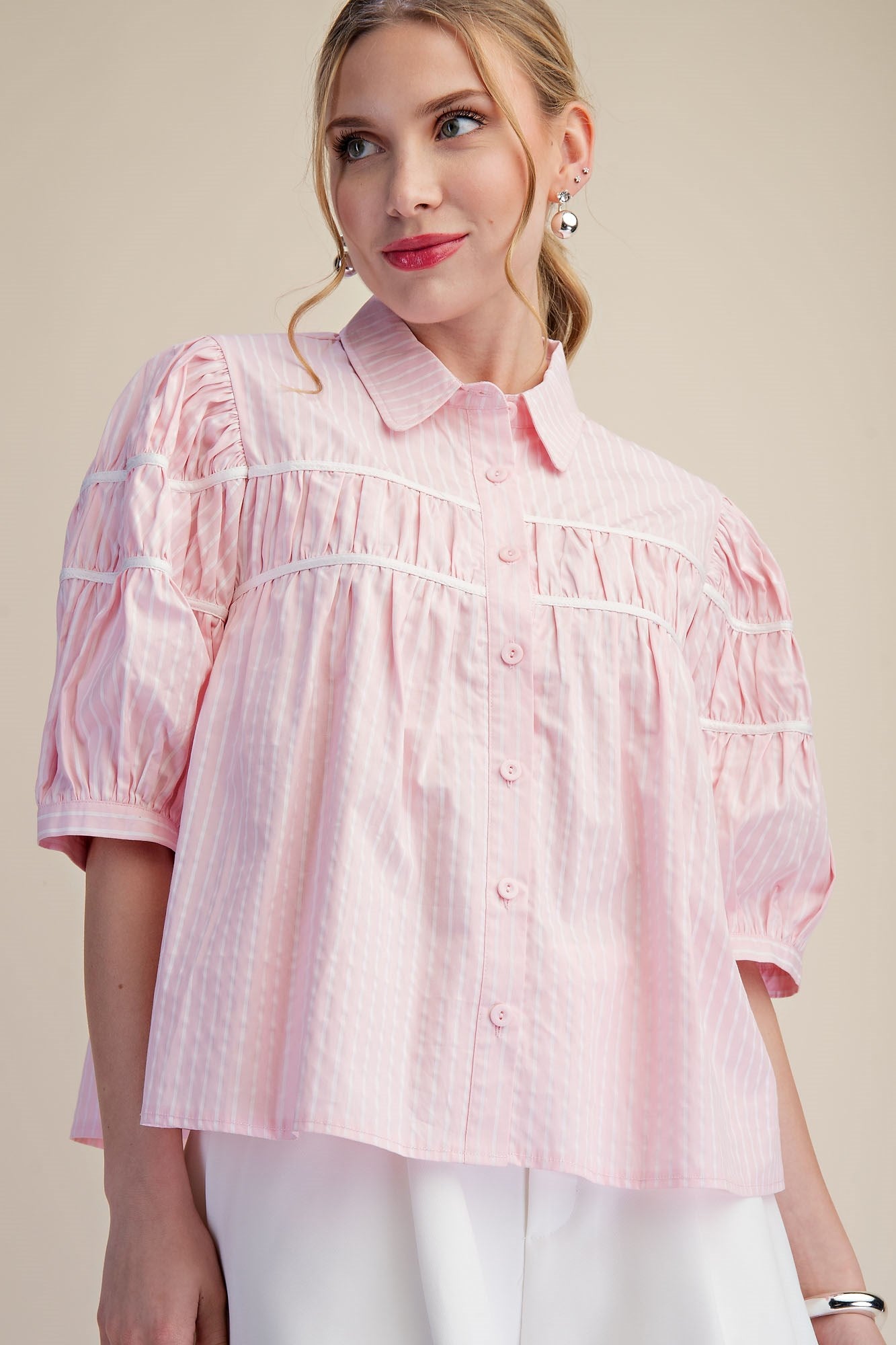 Gathered Piping Striped Blouse in pink/white with piping stripes, puff sleeves, and white trim. Available in XS–XL.