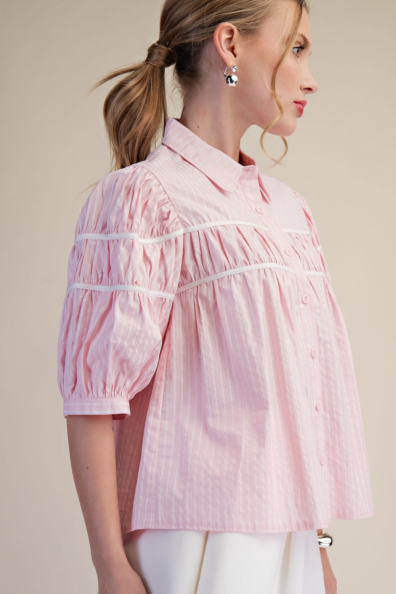 Gathered Piping Striped Blouse in light pink with puffed sleeves, available in 2 colors and sizes XS-XL.