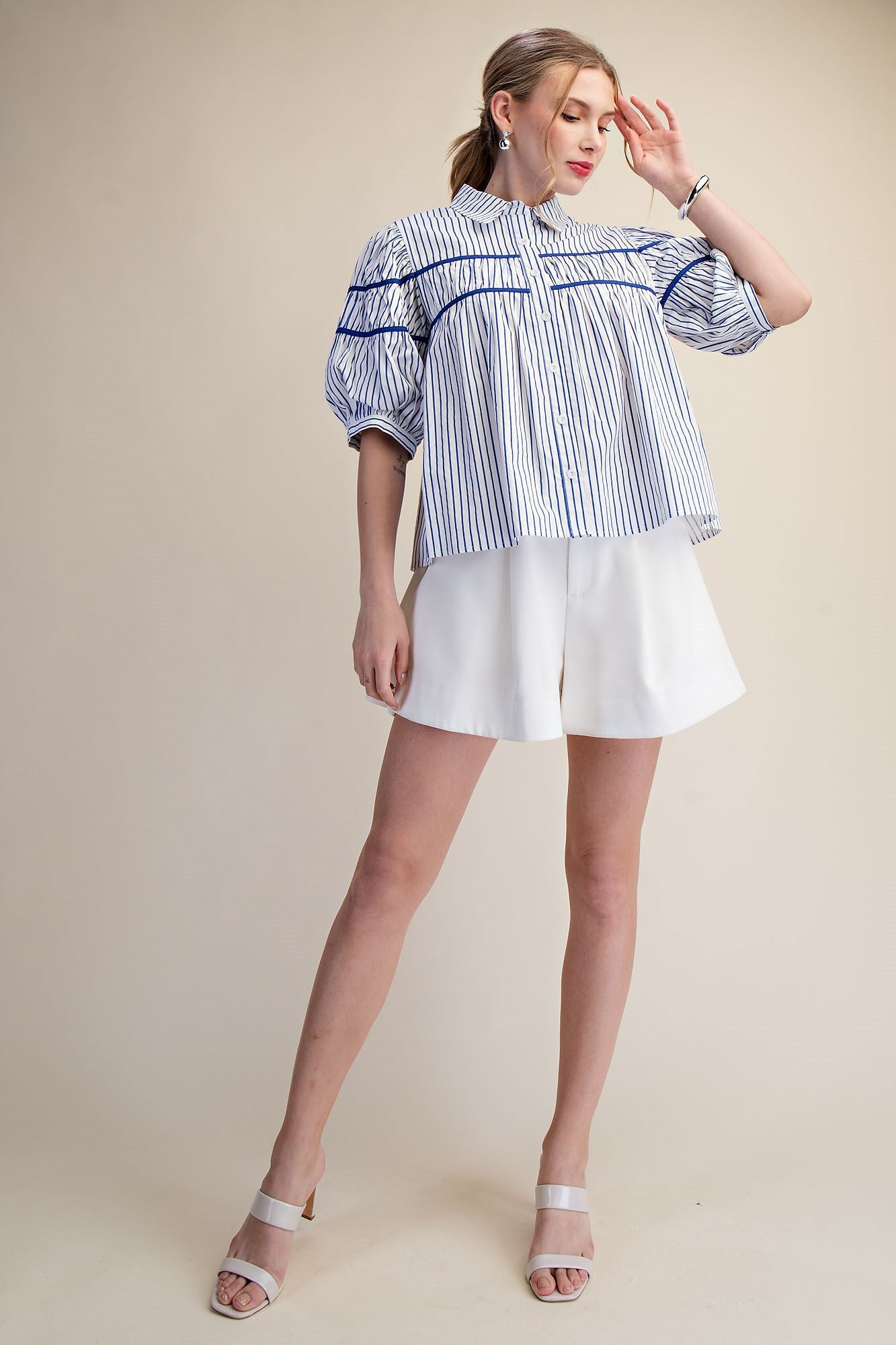Gathered Piping Striped Blouse in blue and white, puff sleeves. Available in sizes XS–XL.