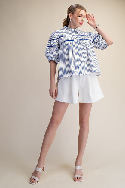 Gathered Piping Striped Blouse in blue and white, puff sleeves. Available in sizes XS–XL.