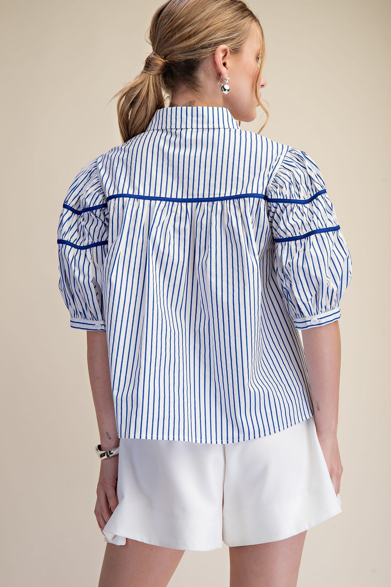 Gathered Piping Striped Blouse in blue and white with puff sleeves; available in sizes XS–XL.