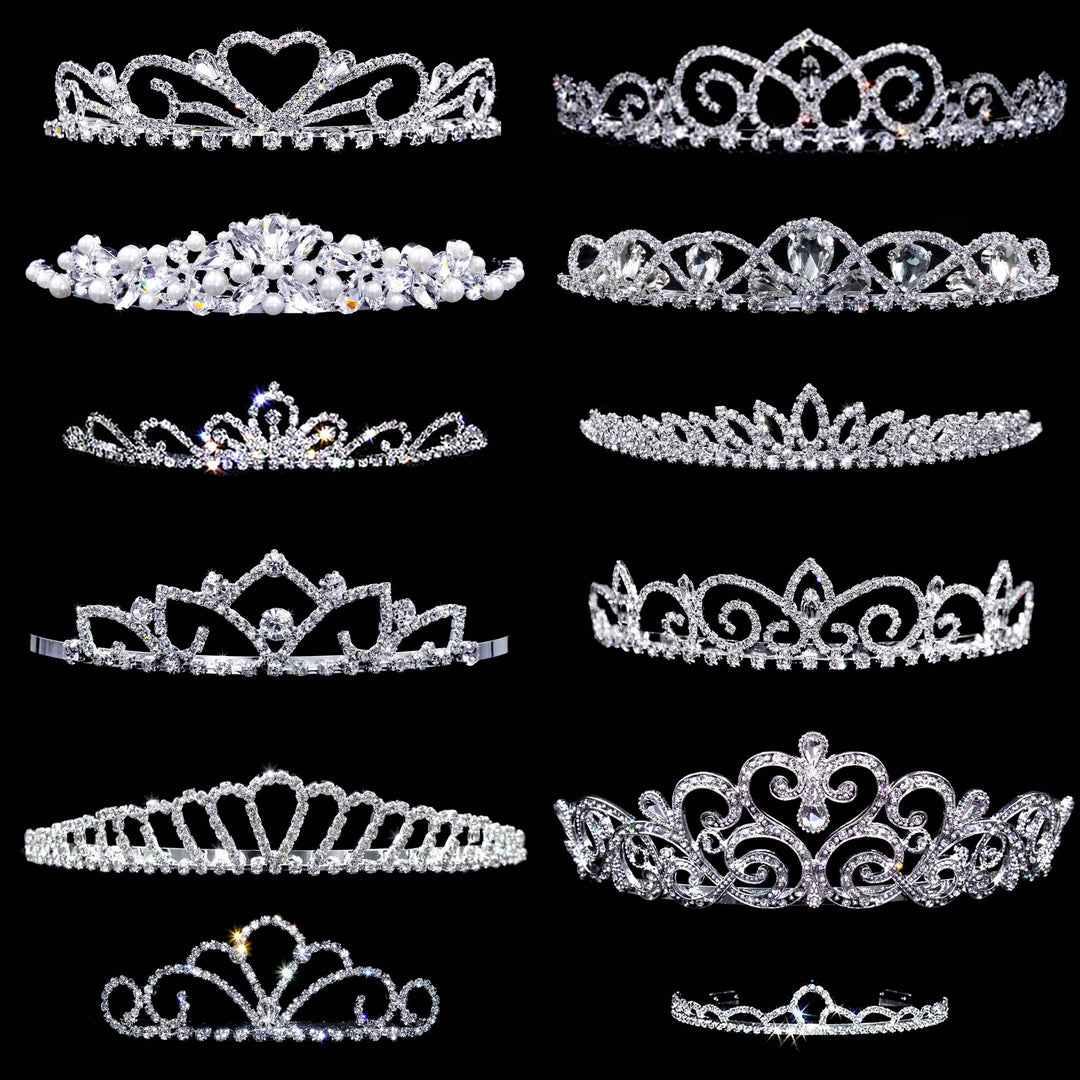 Silver plated tiaras with heart, swirl, and floral designs featuring sparkling gemstones; various sizes available.