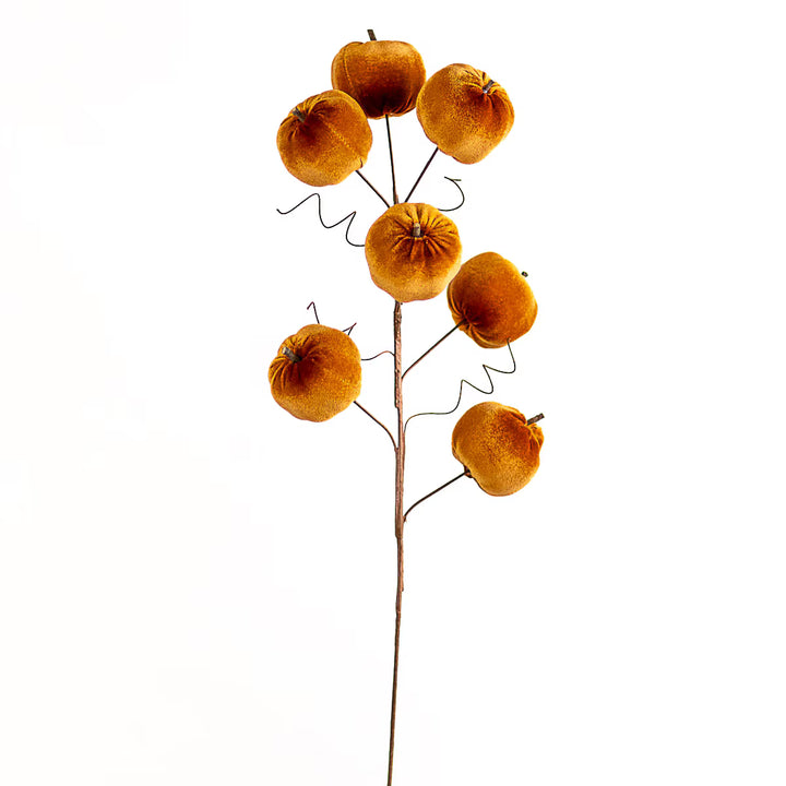 Multiple orange velvet pumpkins attached by curly wires on slender brown branches. Available in two colors and various sizes.