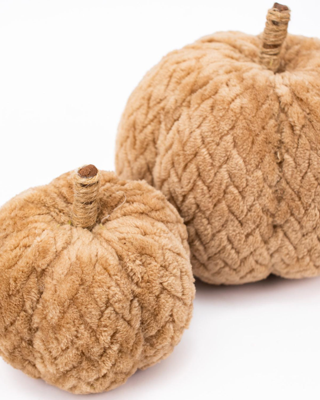 Set of two Hutchinson Pumpkins in brown, each 4 inches, made from soft, textured tan fabric with short stems.