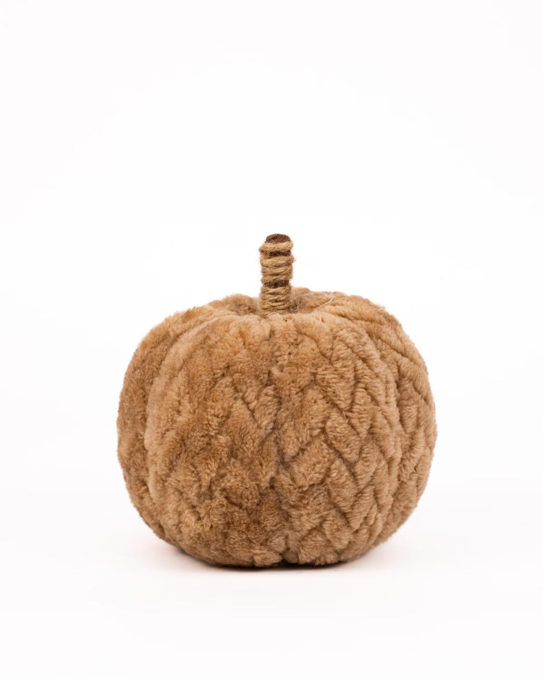 The Hutchinson Pumpkin in Brown, 4″, is a small, round faux fur pumpkin with a textured pattern and a wrapped stem.