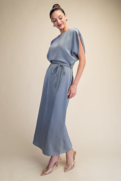 Slate Blue Satin Tie-Waist Midi Dress with slit sleeves, available in sizes XS–XL. Ideal for wedding guests.