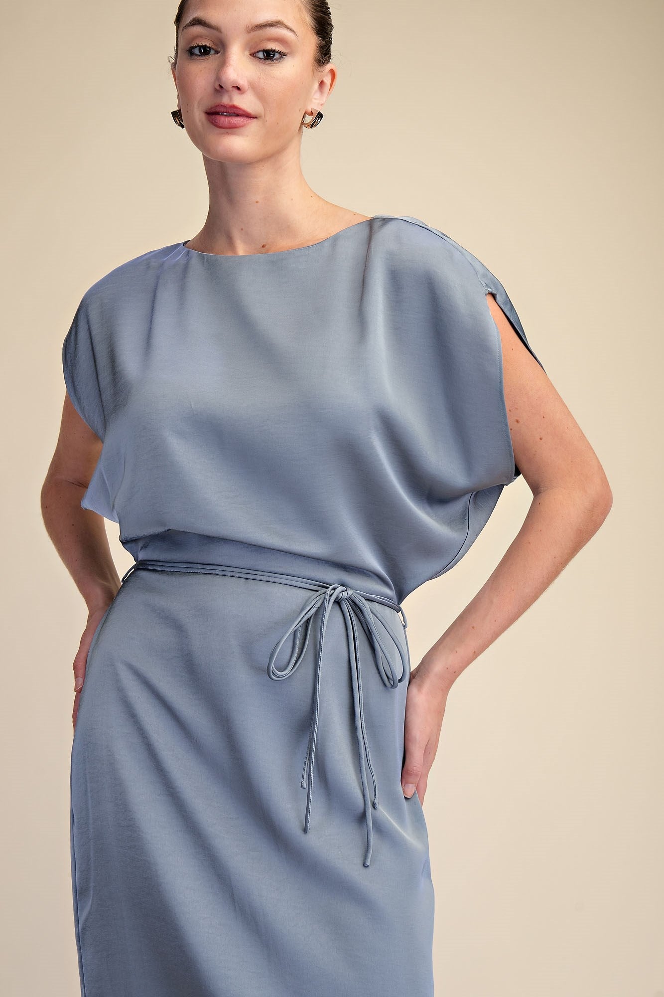Slate Blue Satin Tie-Waist Midi Dress with subtle sheen; available in sizes XS-XL.