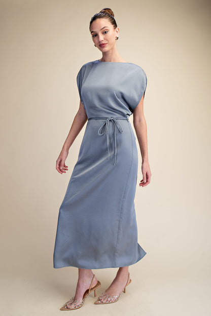 Slate Blue Satin Tie-Waist Midi Dress, available in sizes XS-XL.