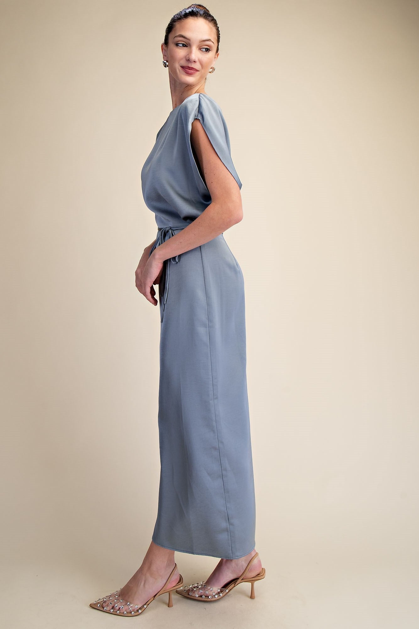 Slate Blue Satin Tie-Waist Midi Dress, ankle-length with short sleeves. Available in sizes XS–XL.