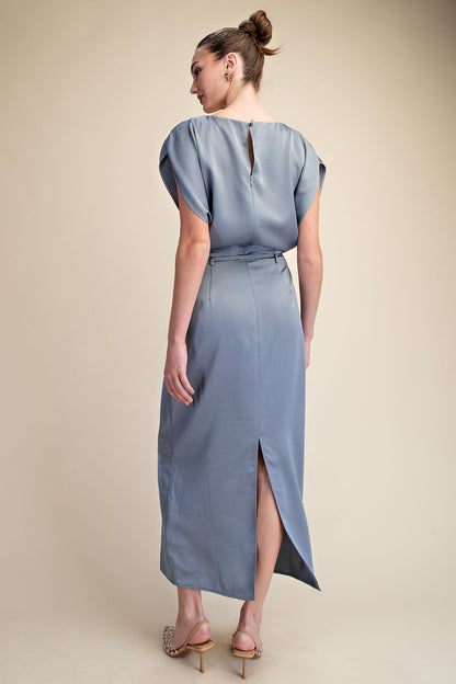 Slate Blue Satin Tie-Waist Midi Dress with short sleeves, belted waist, and back slit. Available in sizes XS–XL.