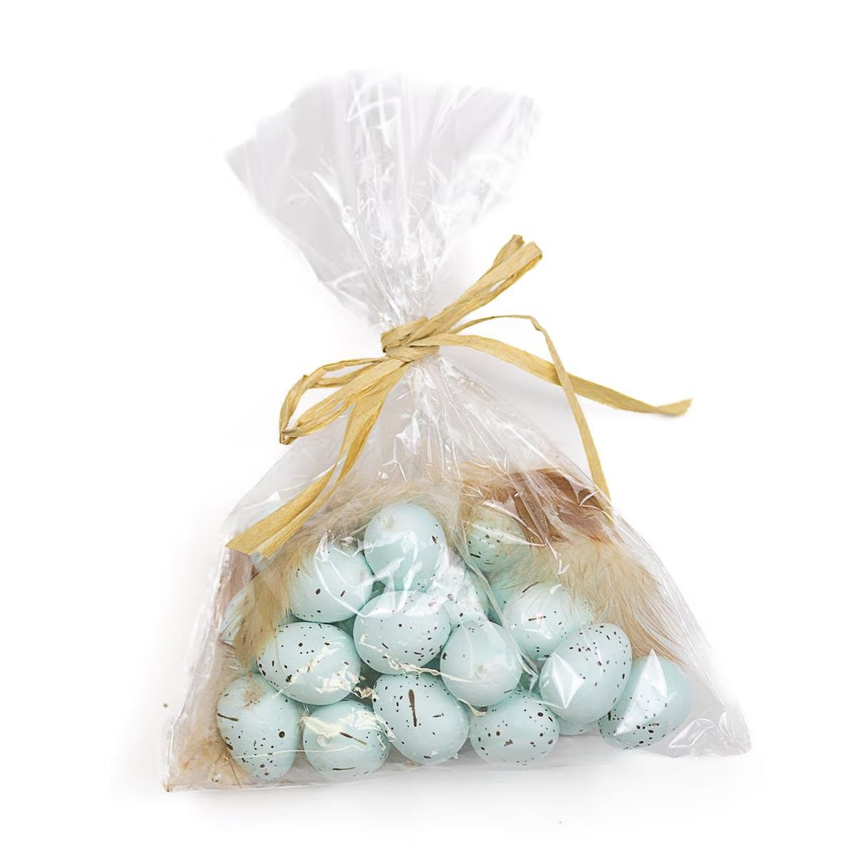 Easter Eggs in Cellophane Bag: Light blue speckled eggs, delicate brown feathers, hint of florals, raffia ribbon. Sizes available: Small, Medium.
