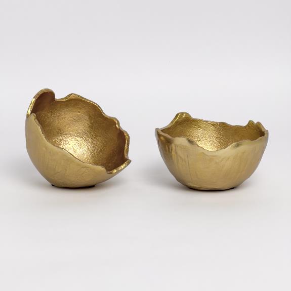 Two golden sculpted bowls with textured surfaces and uneven edges. Available sizes: small and large.