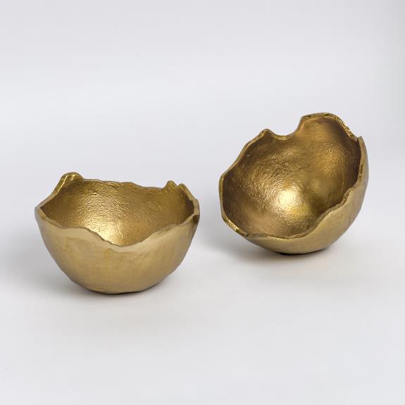 Golden Sculpt Formed Bowls in 2 styles, organic shapes, rough edges, textured metallic finish. Available in small and large.