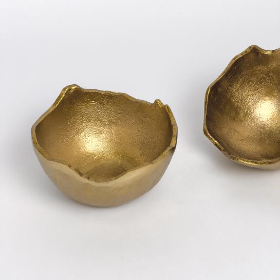Two small gold aluminum bowls in 2 sculpted, textured styles with organic shapes. Sizes available: small.