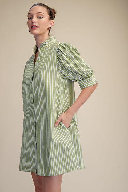 Striped Sage Ruffle Dress: loose cotton, puffed sleeves, ruffle neckline. Available in sizes XS–XL.