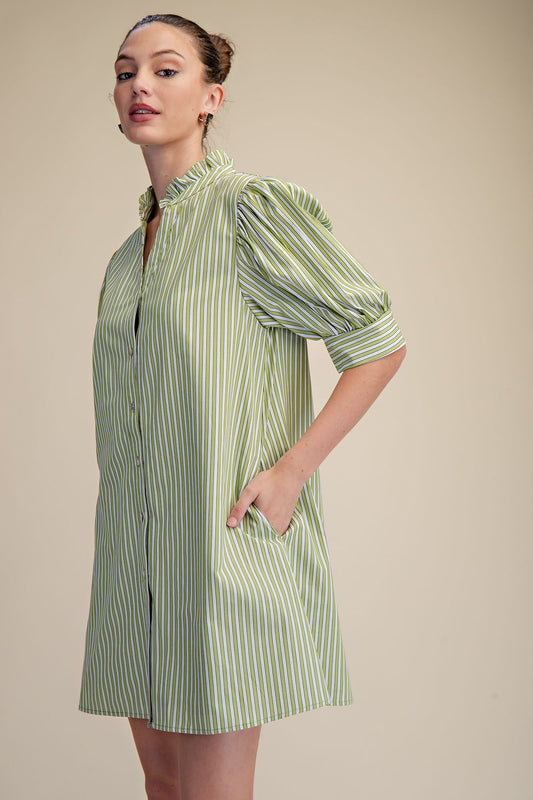 Striped Sage Ruffle Dress