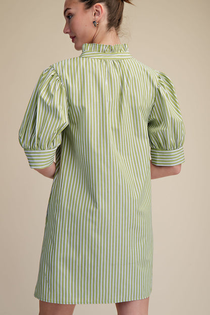 Striped Sage Ruffle Dress with sage stripes, puffed half sleeves, ruffle neckline. Available in sizes XS-XL.