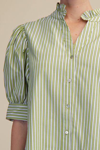 Striped Sage Ruffle Dress with sage and white stripes, ruffle neckline, puff sleeves, buttons. Sizes: XS-XL.