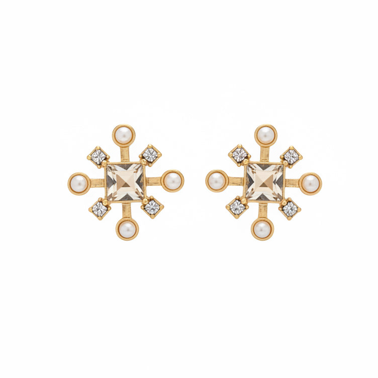 Silas Gold Pearl Stud Earrings: central square crystal, four small pearls, four sparkling crystals in a symmetrical pattern. Available sizes: not specified.