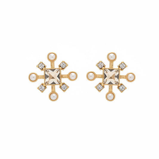 Silas Gold Pearl Stud Earrings: central square crystal, four small pearls, four sparkling crystals in a symmetrical pattern. Available sizes: not specified.