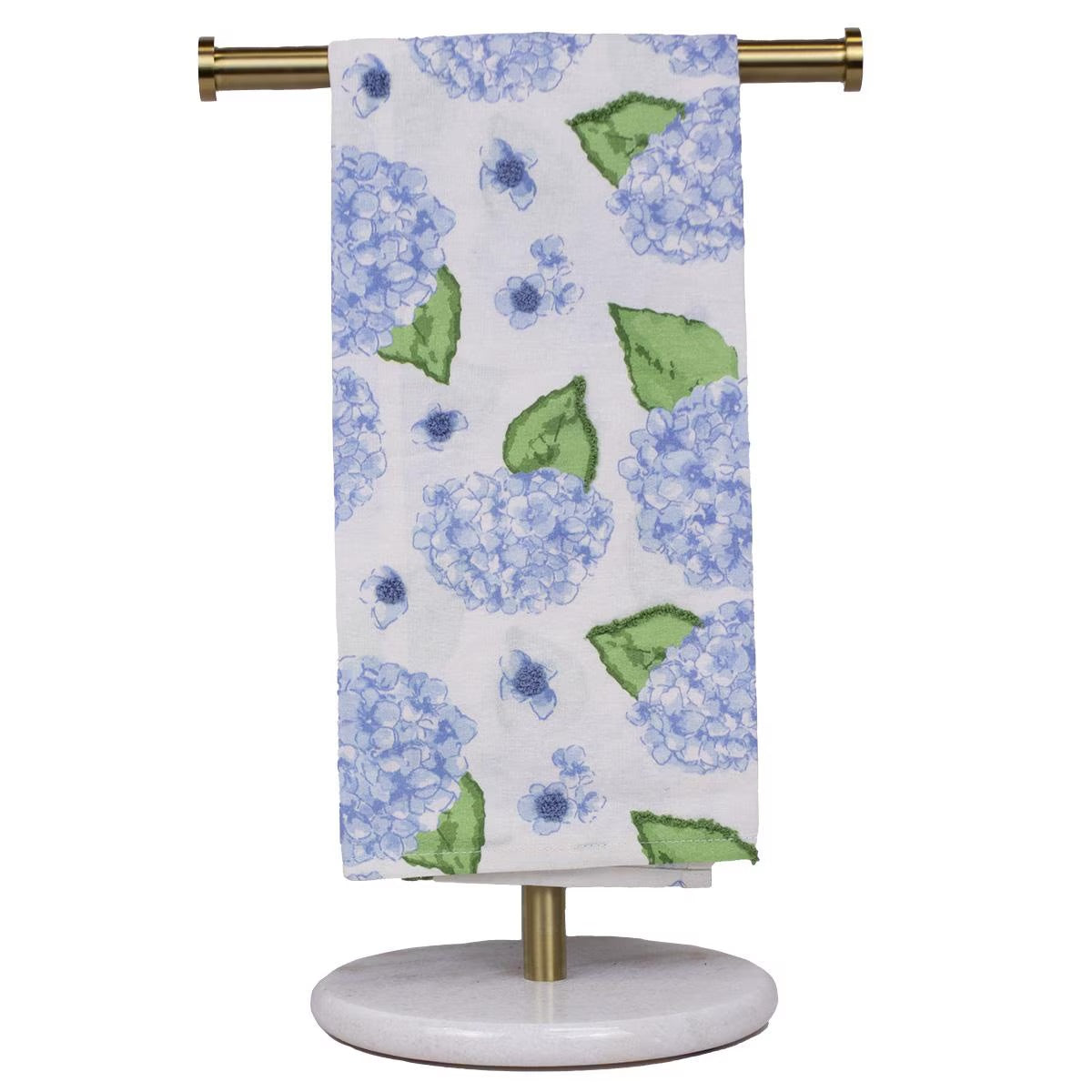 The Hydrangea Hand Towel is a white cotton towel with blue hydrangea flowers and green leaves. Available sizes: standard hand towel size.