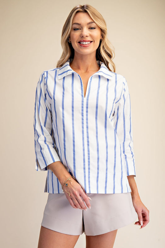 Blue Stripe Stand Collar Blouse