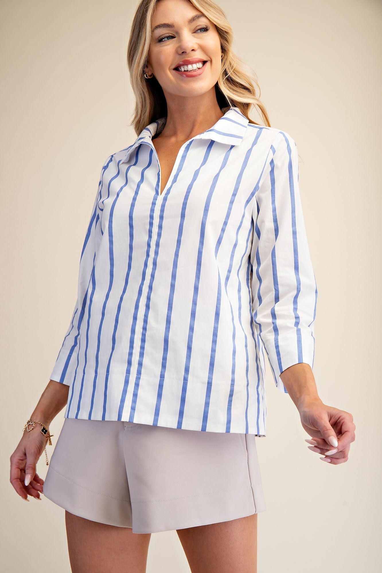 Blue Stripe Stand Collar Blouse