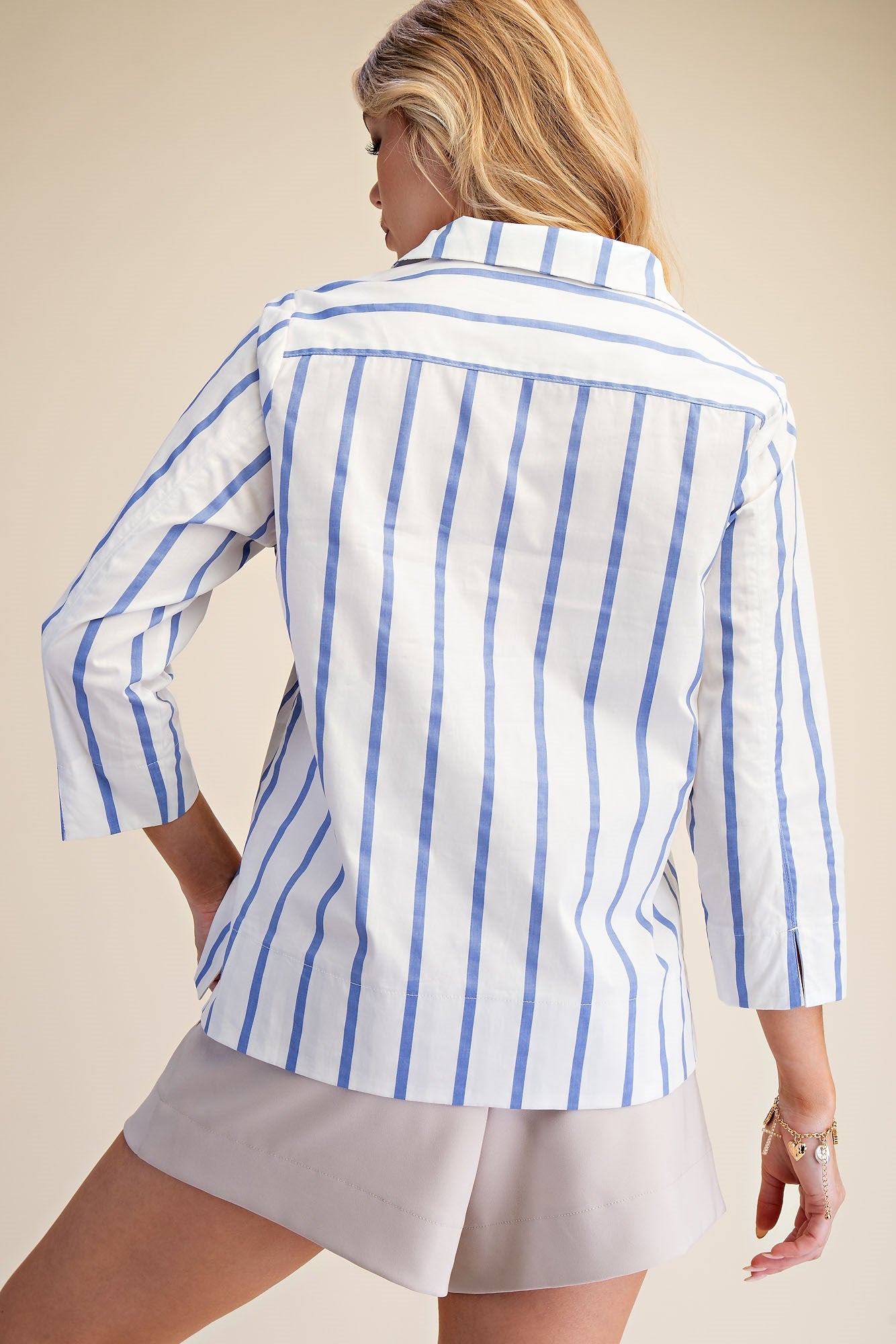 Blue Stripe Stand Collar Blouse