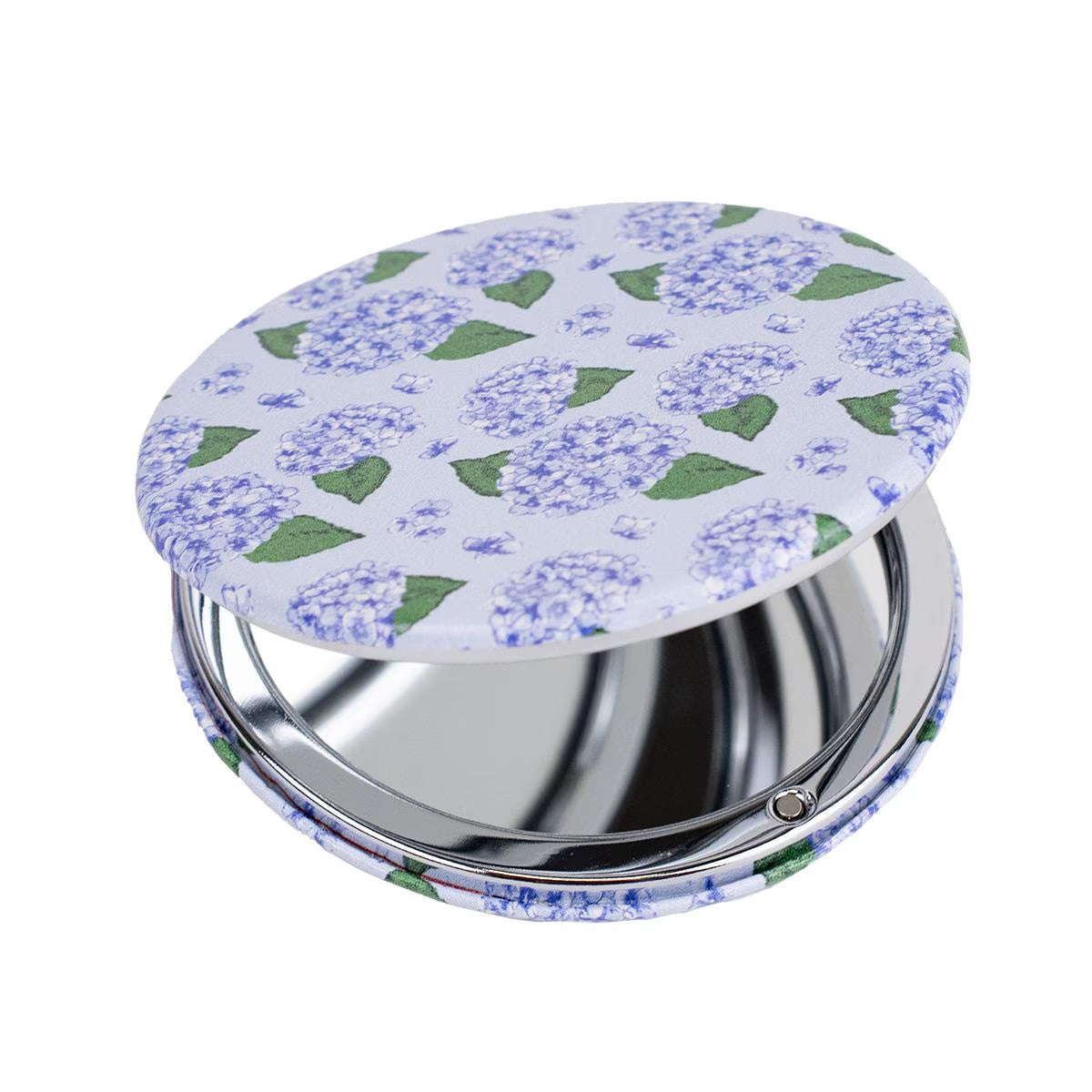 A pocket mirror featuring a floral design with purple hydrangeas and green leaves. Compact size for easy portability.