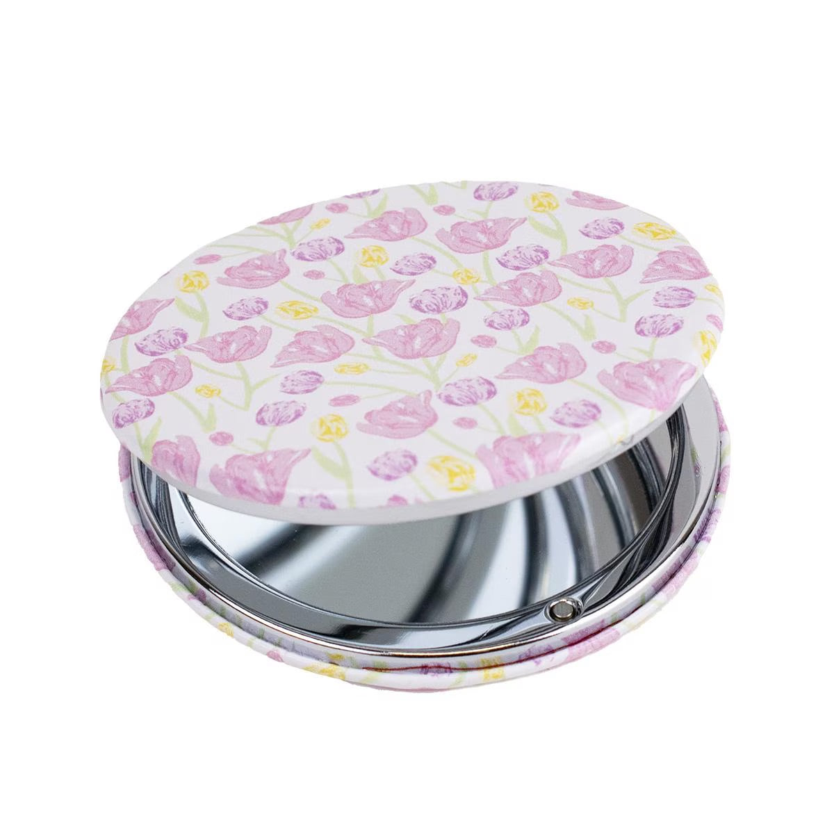 Pocket Mirror with pink and yellow tulip cover on white. Available size: 2.75 inches in diameter.
