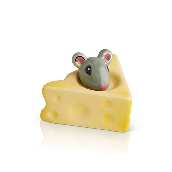 Gray mouse with pink ears and nose in yellow cheese wedge. Nora Fleming Minis. Available size: mini collectible.