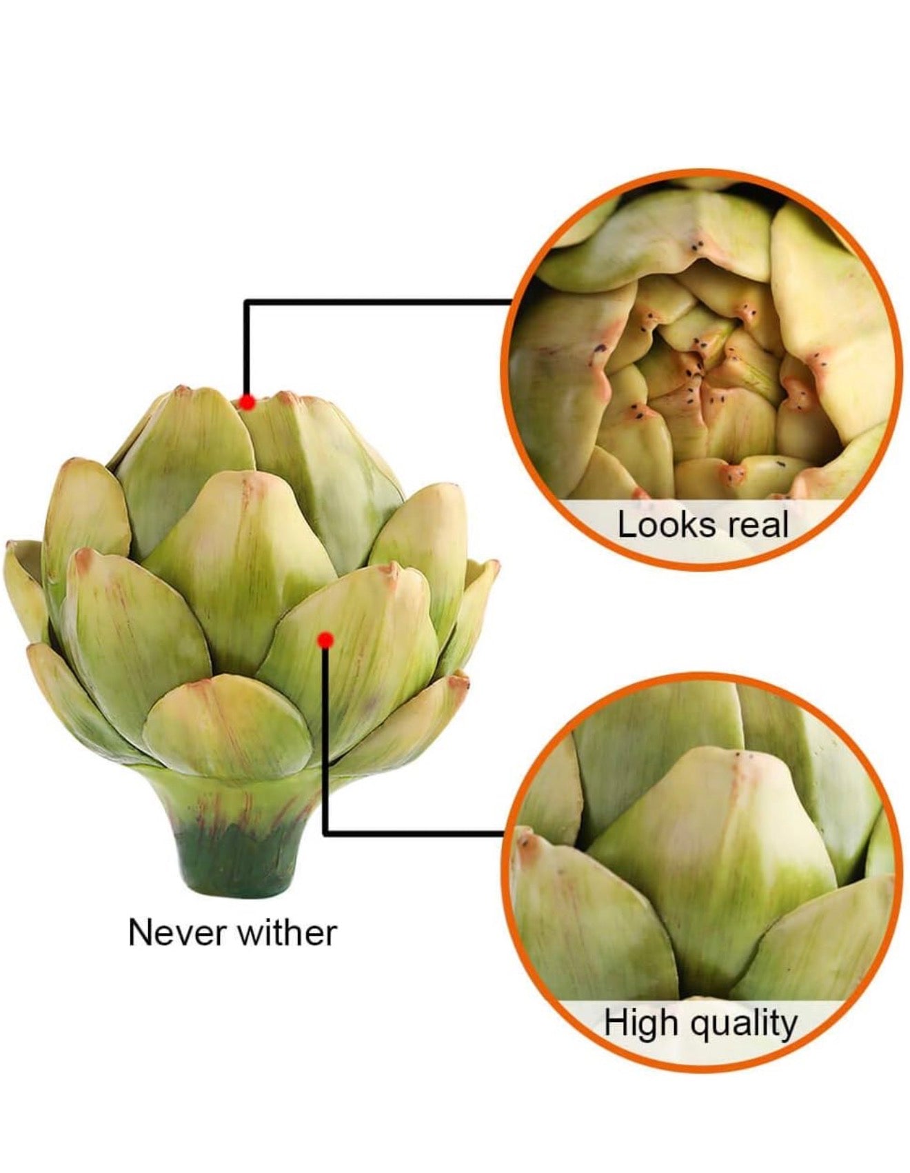 Faux Artichoke Decor with realistic, durable texture. Available in small and large sizes. Will not wilt or fade.