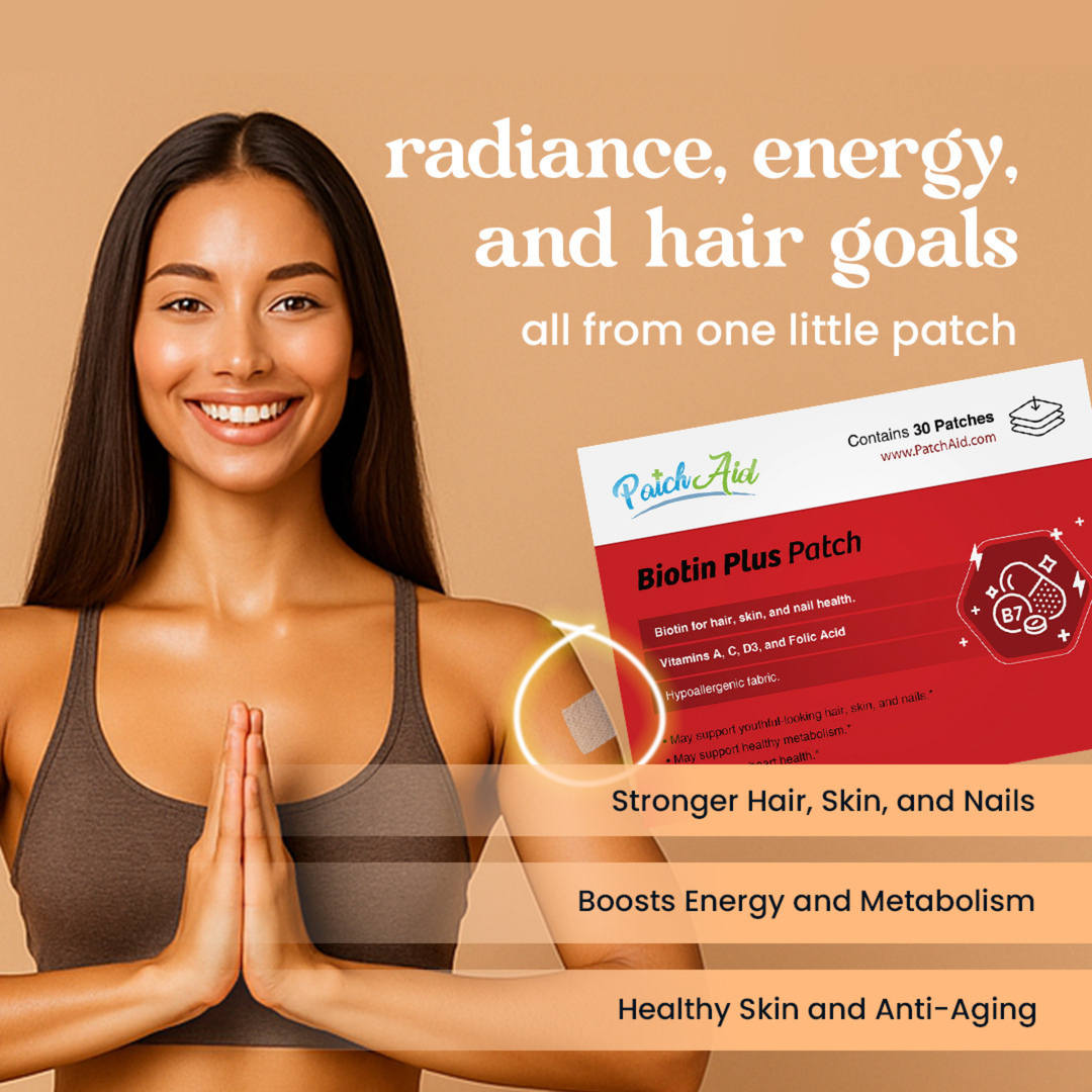 Biotin Plus Vitamin Patch - Hair, Skin, and Nails Support 1-pack shown with brief highlights of stronger hair, boosted energy, and healthy skin.