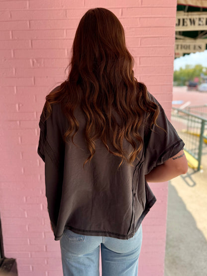 Dark Dye & Wash Gameday Terry Top made from soft French terry fabric. Available in sizes XS–XL.