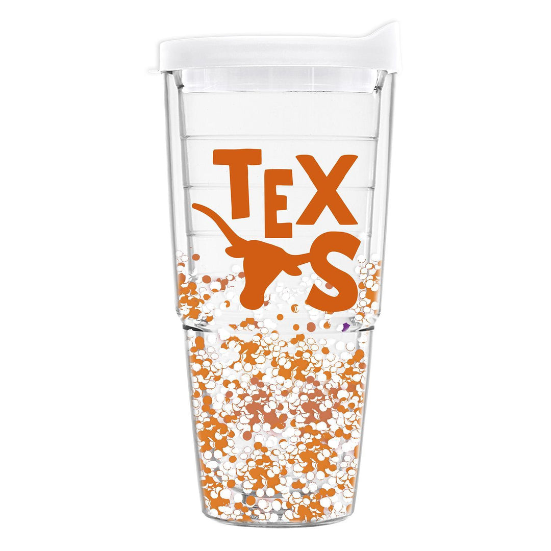 Clear acrylic tumbler with white lid, orange "TEXAS" lettering, Longhorn logo, and orange-white confetti at the base. Available in 16 oz size.