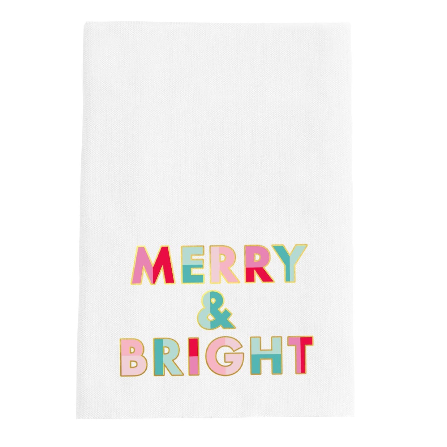 The Festive Christmas Tea Towels feature "MERRY & BRIGHT" in vibrant block letters on a white background. Available in sizes 18"x28".