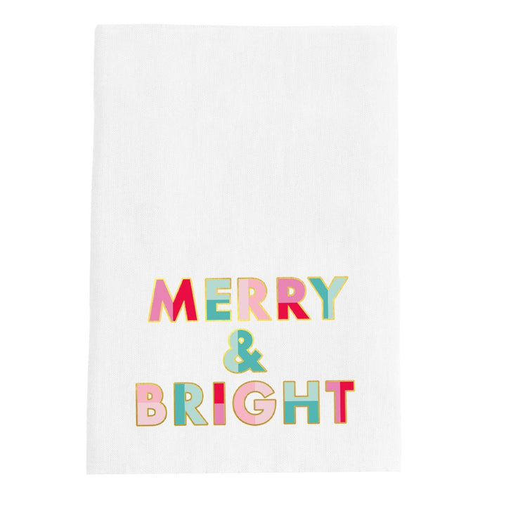 The Festive Christmas Tea Towels feature "MERRY &amp; BRIGHT" in vibrant block letters on a white background. Available in sizes 18"x28".