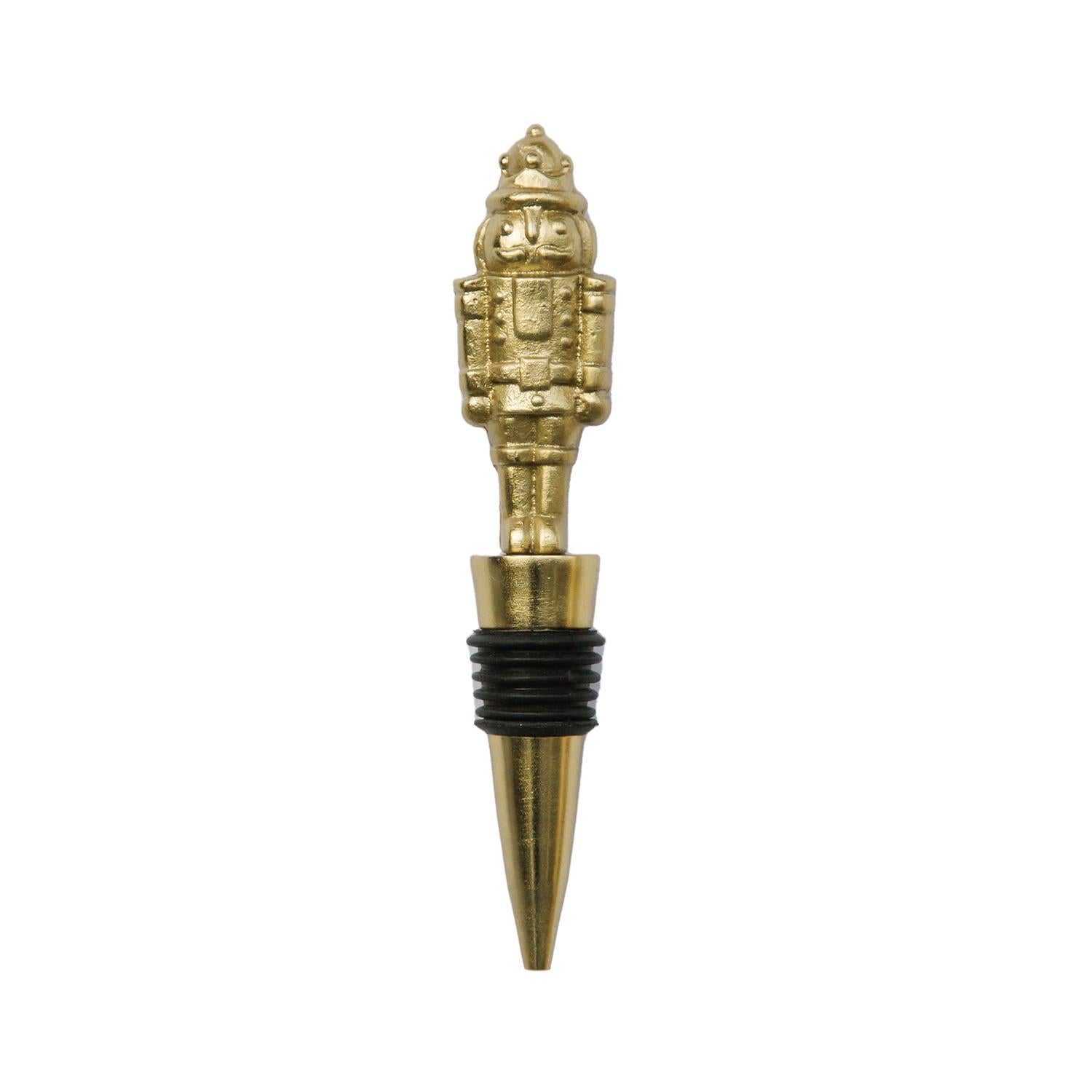 Nutcracker Wine Stopper: Gold-colored, robot-shaped handle, black rubber seal. Ideal holiday gift. Size: Standard wine bottle fit.