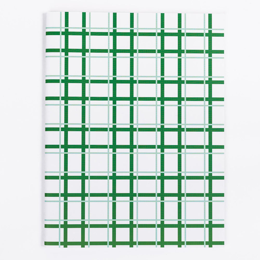 So Darling Large Notebook with white cover, green and gray plaid grid. Available in large size; ideal for creative writing.