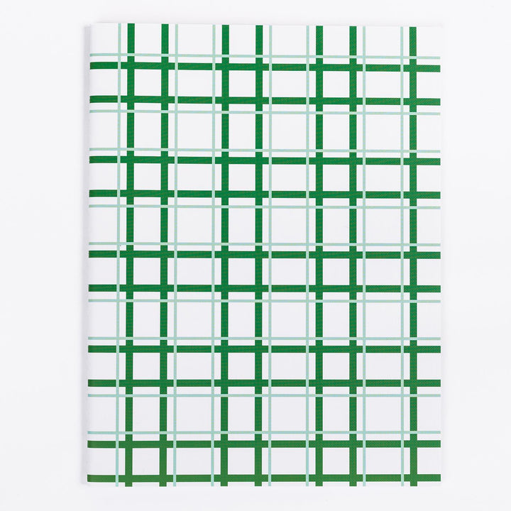 So Darling Large Notebook with white cover, green and gray plaid grid. Available in large size; ideal for creative writing.